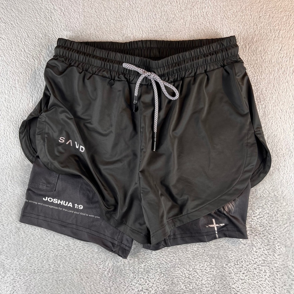 SAVD Joshua 1:9 Christian Athletic Shorts Black 2-in-1 Running Gym Mens XS NWOT